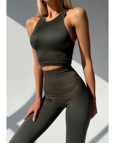 Комплект Легінси з Push-Up Ефектом + Топ в Рубчик Темно Зелений