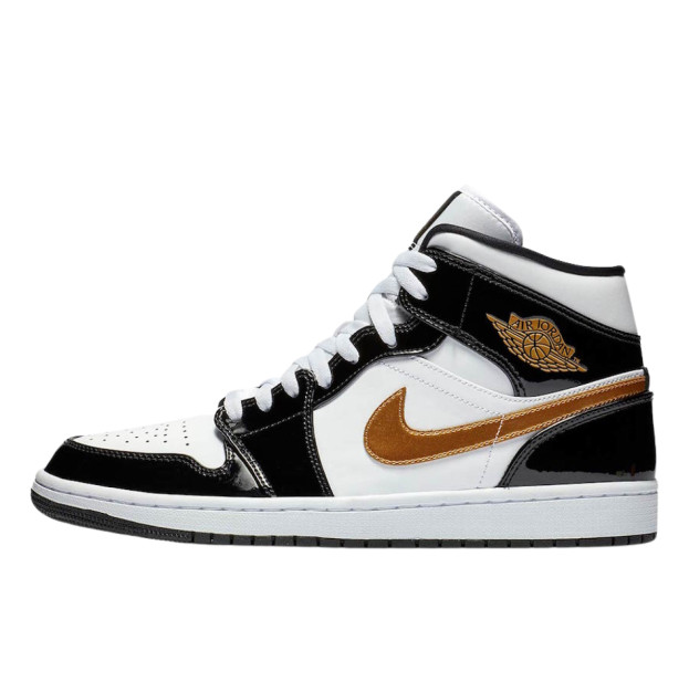 Jordan 1 Mid Patent Black White Gold 852542-007
